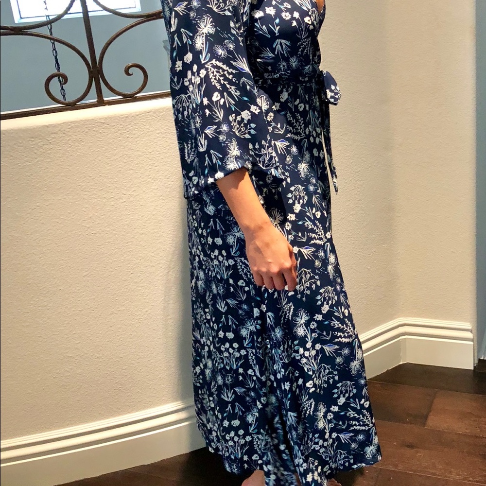 Blue floral wrap dress mid length